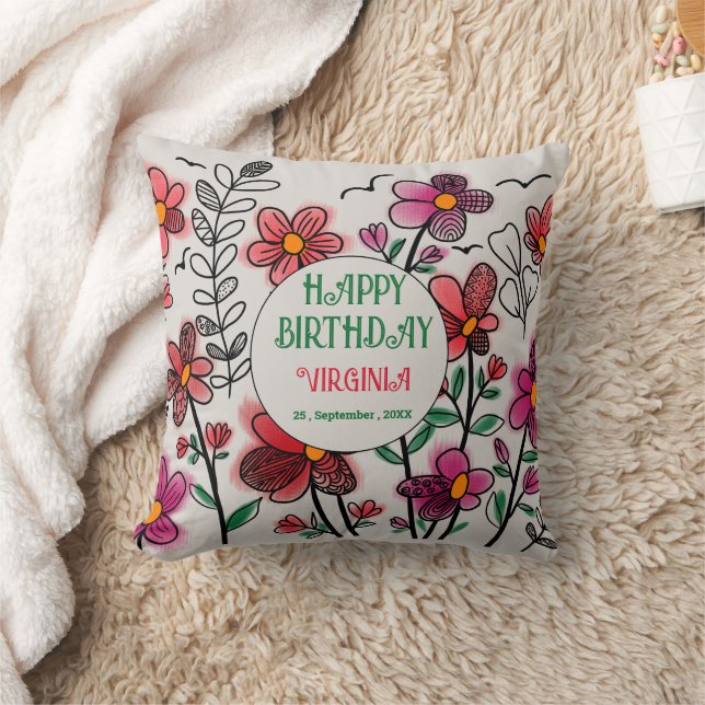 VÅR UNIQUE RED DOODLE FLOWERS BIRTHDAY KUDDE (Filt)