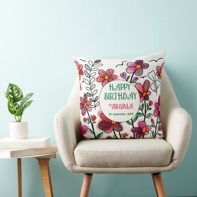 VÅR UNIQUE RED DOODLE FLOWERS BIRTHDAY KUDDE (Stol)