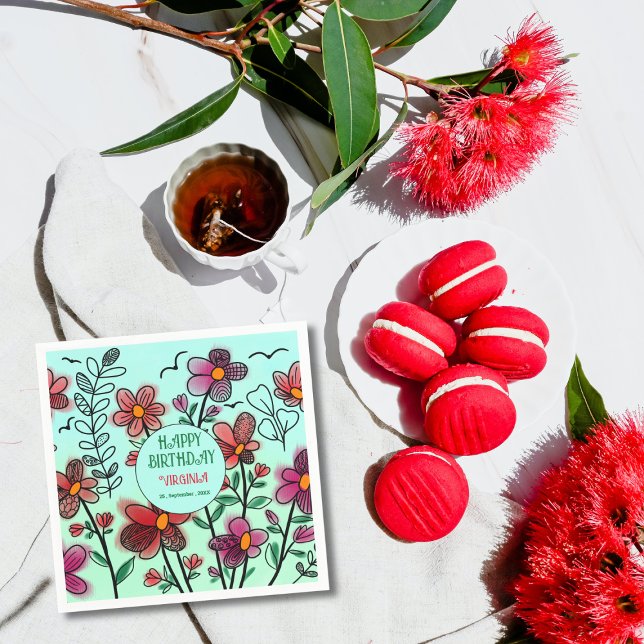 VÅR UNIQUE RED DOODLE FLOWERS BIRTHDAY PAPPERSSERVETT (Skapare uppladdad)