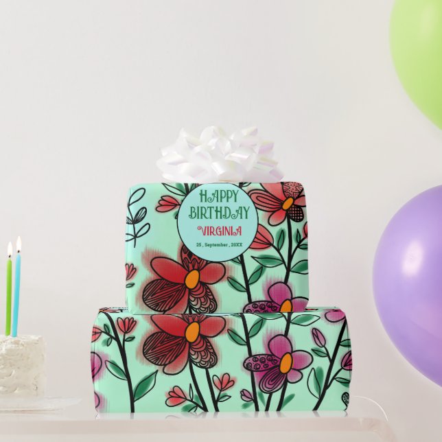 VÅR UNIQUE RED DOODLE FLOWERS BIRTHDAY PRESENTPAPPER (Festgåvor)