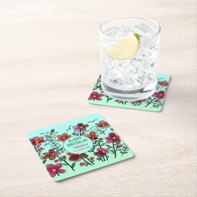 VÅR UNIQUE RED DOODLE FLOWERS BIRTHDAY UNDERLÄGG PAPPER KVADRAT (Insitu)