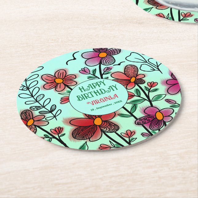 VÅR UNIQUE RED DOODLE FLOWERS BIRTHDAY UNDERLÄGG PAPPER RUND (Vinklad)