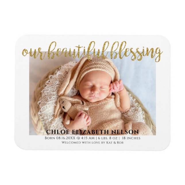 Vår vackra välsignelse Elegant Glitter Baby i Guld Magnet (Horisontell)