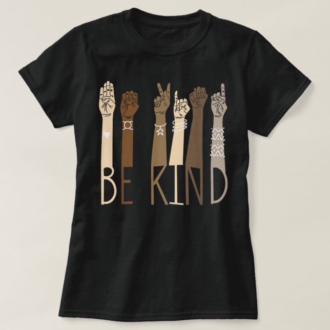 Var vänliga och skriv språkhandssamtalsläraringarn t shirt (Design framsida)