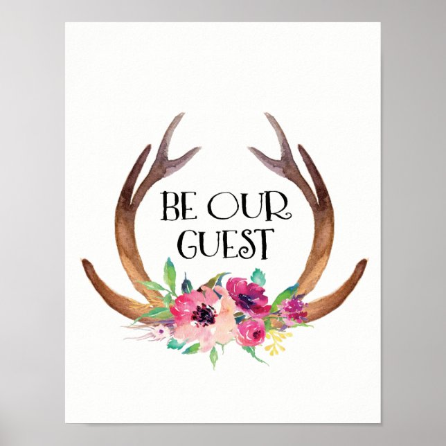 Var vår gäst Hjort Antler och Flowers Poster (Framsidan)