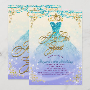 Var Vår Gäst Prinsessa Aqua Lila Sweet 16-fest Inbjudningar