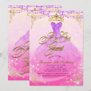 Var vår gäst prinsessa lila & guld Sweet 16-fest Inbjudningar