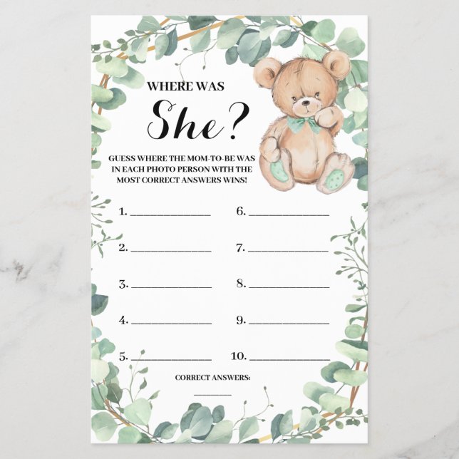 Var var hon bar greenery Baby Shower Game Card? Flygblad (Framsidan)
