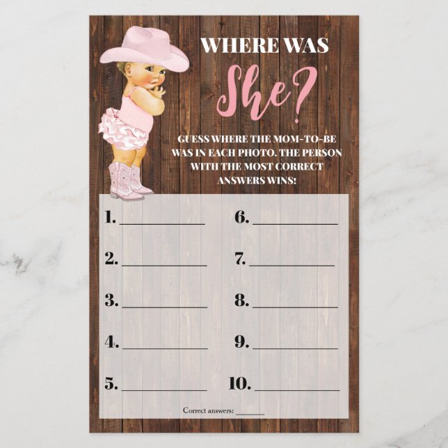 Var var Rosa Cowgirl Baby Shower Game Card? Flygblad (Framsidan)