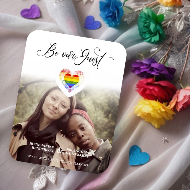 Var vårt gästfotografi av Pridet Rainbow Heart Les Magnet (Be our Guest Quote Cute Pride Rainbow Heart Lesbians Gays Photo Save the Date Magnet Card. )