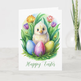 Vår vattenfärg med söt kyckling och färgade ägg helgkort