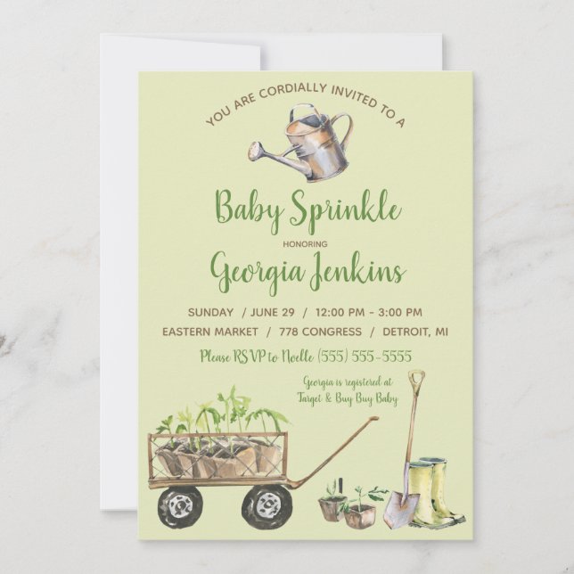 Vår Vegetable Garden Watering Can Baby Sprinkle Inbjudningar (Framsida)