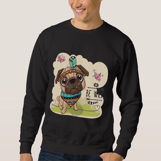 Var Vild Cute Tribal Pug Hund med fjädrar Classic Lång Ärmad Tröja (Framsida)