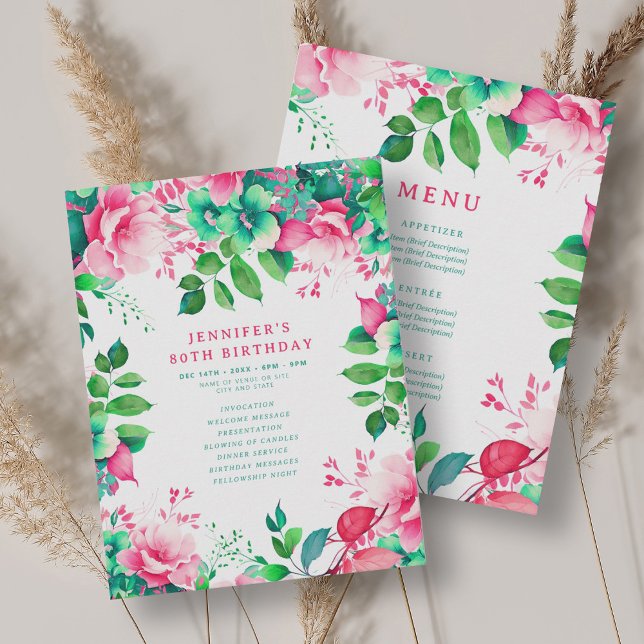 Vår Watercolor Blommigt 80 Birthday Program Menu (Spring Watercolor Floral 80 Birthday Program Menu)