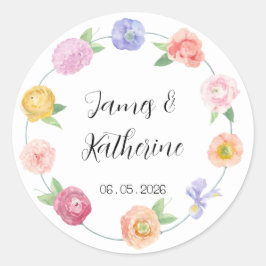 Vår Watercolor Blommigt Bröllop Sticker Runt Klistermärke