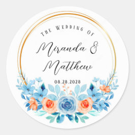Vår Watercolor Blue Orange Blommigt Guld Bröllop Runt Klistermärke