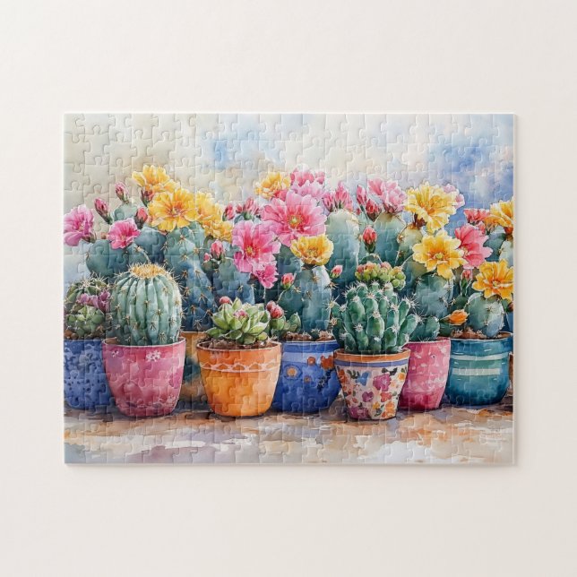 Vår Watercolor Cactus och Flowers Pussel (Horisontell)