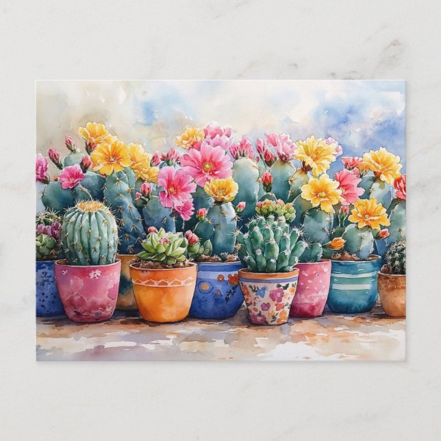 Vår Watercolor Cactus och Flowers Vykort (Framsida)