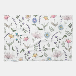 Vår Watercolor Doodle Flowers Kökshandduk
