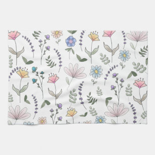 Vår Watercolor Doodle Flowers Kökshandduk