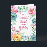 Vår Watercolor Flowers Friend Birthday Kort<br><div class="desc">Födelsedagskort för vän med vintage färgstarka vattenfärgade blommor och tankfull vers.</div>