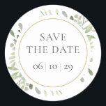 Vår Watercolor Greenery Löv Spara datum Runt Klistermärke<br><div class="desc">Den här chicens botaniska löv för att spara datummärket kan vara personlig med din speciella spara datuminformationen. Designad av Thisisnotme©</div>