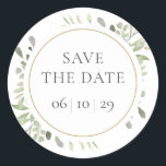 Vår Watercolor Greenery Löv Spara datum Runt Klistermärke<br><div class="desc">Den här chicens botaniska löv för att spara datummärket kan vara personlig med din speciella spara datuminformationen. Designad av Thisisnotme©</div>
