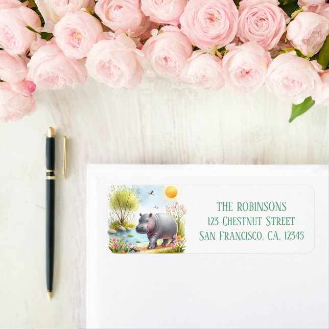 Vår Watercolor Hippopotamus Returadress Etikett (Skapare uppladdad)
