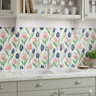 Vår Watercolor Navy Rosa Tulip Mönster Kakelplatta
