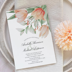 Vår Watercolor Peachy Blommigt Bröllop Inbjudningar