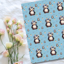 Vår Watercolor Penguins with Flowers in Blue