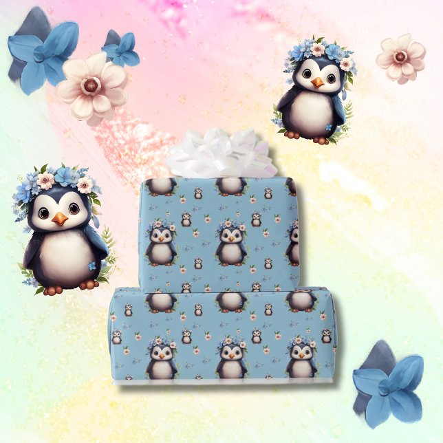 Vår Watercolor Penguins with Flowers in Blue Presentpapper (Watercolor penguins pattern, spring pastel colors, bilingual text custom. multilingual project.)