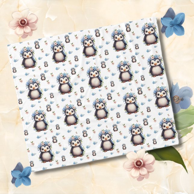 Vår Watercolor Penguins with Flowers in White Fleecefilt (Penguins pattern blanket, personalized bilingual text, multilingual project)