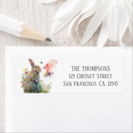 Vår Watercolor Rabbit Flowers Returadress Etikett