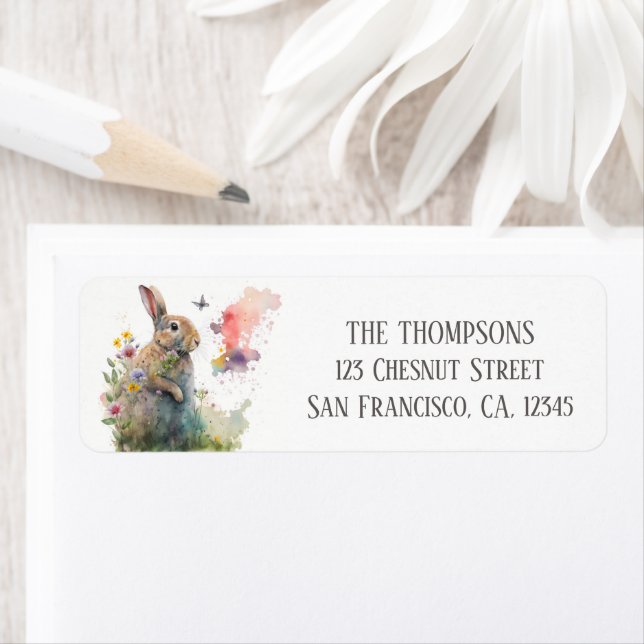 Vår Watercolor Rabbit Flowers Returadress Etikett (Insitu)