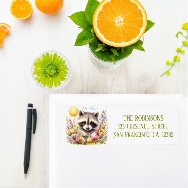 Vår Watercolor Raccoon Returadress Etikett (Skapare uppladdad)