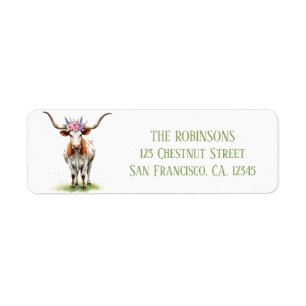 Vår Watercolor Texas Longhorn Blommigt Krona Returadress Etikett