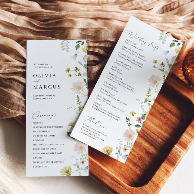  Vår Whimsical Wildblomma Elegant bröllop Program (Front/Back)