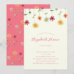 Vår Whimsical Wildbloms Shock rosa Girl Birthday Inbjudningar