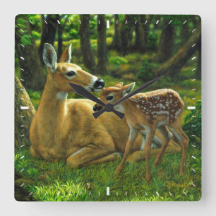 Vår Whitetail Fawn och Mor Hjort Fyrkantig Klocka