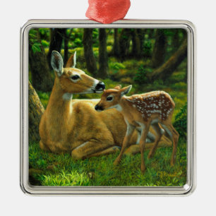 Vår Whitetail Fawn och Mor Hjort Julgransprydnad Metall