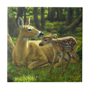Vår Whitetail Fawn och Mor Hjort Kakelplatta