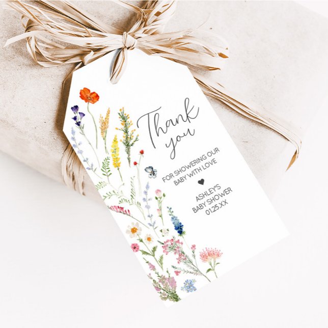Vår Wildblomma Baby i favoritmärkord för blommor Presentetikett (Wildflower Spring Baby in Bloom Baby Shower Favor Tags)
