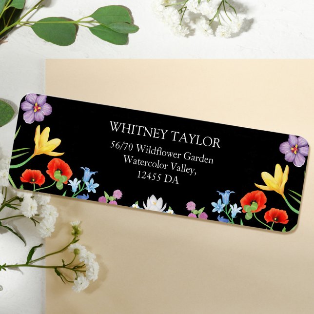 Vår Wildblomma Bright Blommigt Bröllop Adress Returadress Etikett (Spring Wildflower Colorful Floral Black Wedding Addres Label)