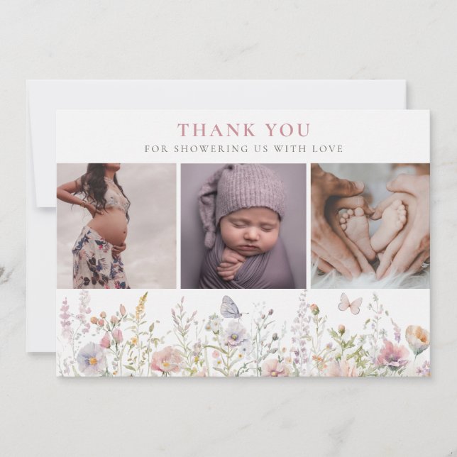 Vår Wildblomma Fält Baby Shower 3 foton Tack Kort (Framsida)
