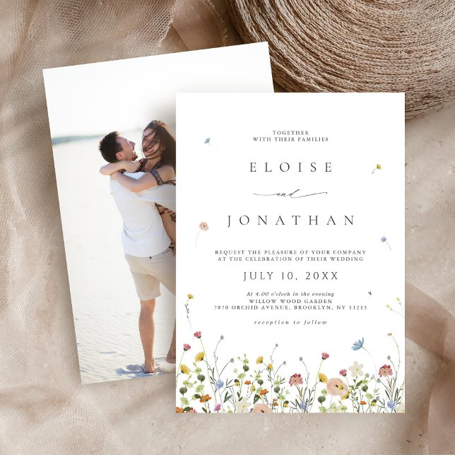 Vår Wildblomma Garden Blommigt Boho Photo Bröllop Inbjudningar (Spring Wildflower Garden Floral Boho Photo Wedding Invitation)