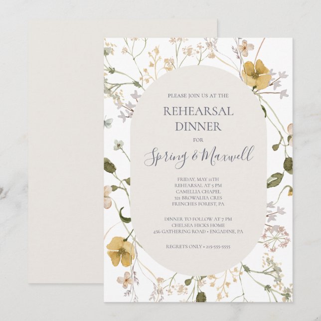 Vår Wildblomma | Vit repetitionsmiddag Inbjudningar (Fram/baksida)