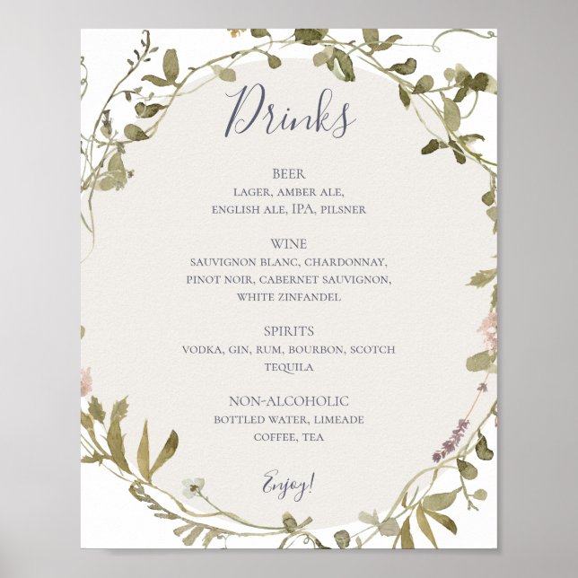 Vår Wildblomma | Vita Bröllop Drinks Menu Post Poster (Framsidan)