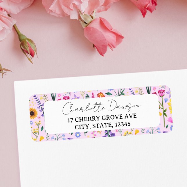 Vår Wildblommans Blommigt Rosa Girly Returadress Returadress Etikett (Spring Wildflower Birthday Party Label)