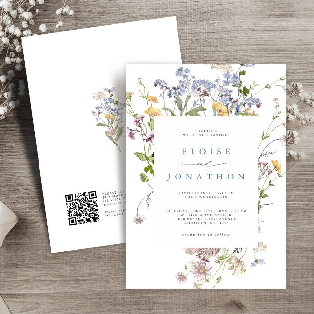 Vår Wildblomme Meadow Garden QR-kod Bröllop Inbjudningar (Spring Wildflower Meadow Garden QR code Wedding Invitation)